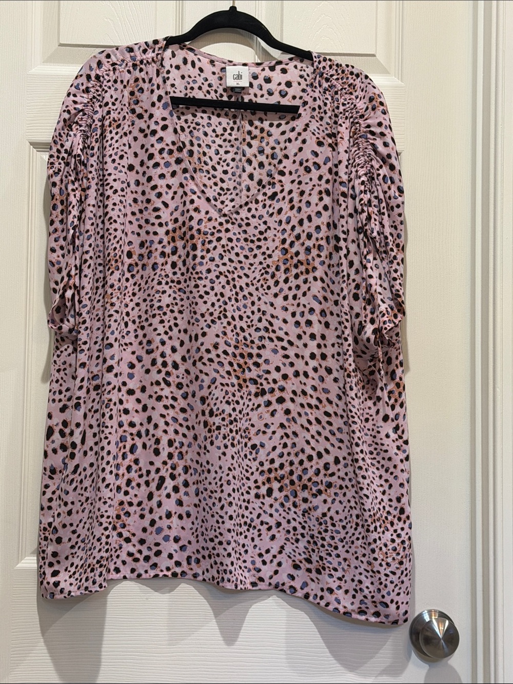 CAbi Pink Leopard Print V-Neck Blouse with Ruched Shoulders